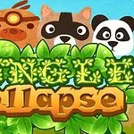 Ulike dyrefigurer med en ugle, ape, vaskebjørn og panda over teksten Jungle Collapse omgitt av grønne blader