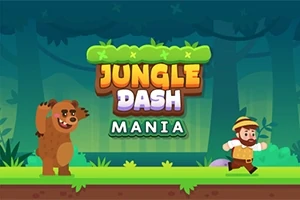 En animert mann med hatt løper fra en bjørn i en jungel-setting med teksten Jungle Dash Mania