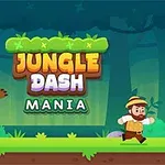 En animert mann med hatt løper fra en bjørn i en jungel-setting med teksten Jungle Dash Mania