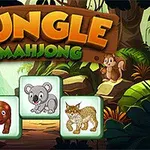 Dyrebilder mot en jungelbakgrunn med teksten Jungle Mahjong i sterke farger over