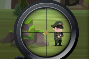En tegneserieaktig soldat i uniform sett gjennom et riflekikkertsikte, med bakgrunn av steiner og gress