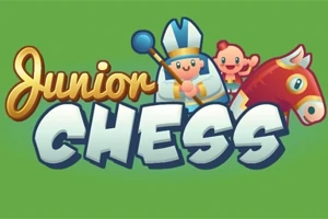Tegneserieillustrasjon av en biskop og et barnetegn ved siden av en rød hest på en grønn bakgrunn med teksten Junior Chess