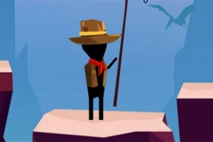 En silhuett av en person med hatt og skjerf står på en plattform med en lang stokk, mot en bakgrunn av klipper og en fjern flygende skikkelse
