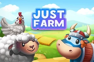 En tegnet ku med vikinghjelm, et smilende sau med en høne på ryggen, og teksten Just Farm på himmelen i et fargerikt landskap