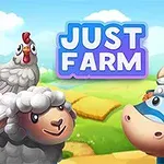 En tegnet ku med vikinghjelm, et smilende sau med en høne på ryggen, og teksten Just Farm på himmelen i et fargerikt landskap
