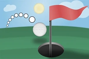En golfball nærmer seg et hull med en rød flagg, mot en bakgrunn av en blå himmel med skyer og sol