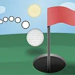En golfball nærmer seg et hull med en rød flagg, mot en bakgrunn av en blå himmel med skyer og sol
