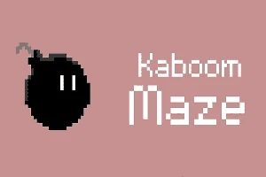 En pikselert svart bombe med en kort lunte og teksten Kaboom Maze på en rosa bakgrunn