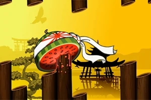 En vannmelon med hodeskjerf skåret opp i flere deler, satt mot en gul bakgrunn med silhuetter av trær og tradisjonell japansk arkitektur