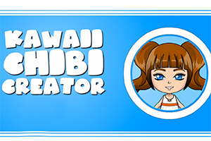 Blå bakgrunn med teksten Kawaii Chibi Creator og en rund illustrasjon av en chibi-figur med brunt hår og blå øyne