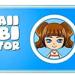 Blå bakgrunn med teksten Kawaii Chibi Creator og en rund illustrasjon av en chibi-figur med brunt hår og blå øyne
