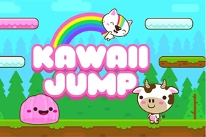 Søtt illustrert bilde med en smilende katt med regnbuehatt, en glad rosa gelé, en ku med rosa kinn, og teksten Kawaii Jump mot en fargerik bakgrunn med regnbue og skyer