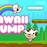 Søtt illustrert bilde med en smilende katt med regnbuehatt, en glad rosa gelé, en ku med rosa kinn, og teksten Kawaii Jump mot en fargerik bakgrunn med regnbue og skyer