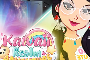 En fargerik illustrasjon med en tegnet jente med briller, regnbuer, stjerner og teksten Kawaii Realm Adventure