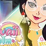 En fargerik illustrasjon med en tegnet jente med briller, regnbuer, stjerner og teksten Kawaii Realm Adventure