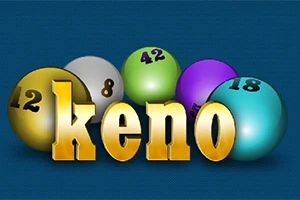 Fargede baller med tallene 12, 8, 42, 18 og teksten keno i gullskrift på blå bakgrunn