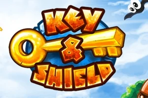 En gyllen nøkkel og fargerik tekst med ordene Key & Shield på lys blå bakgrunn med tegneseriestil
