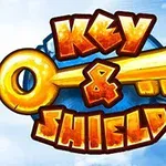 En gyllen nøkkel og fargerik tekst med ordene Key & Shield på lys blå bakgrunn med tegneseriestil