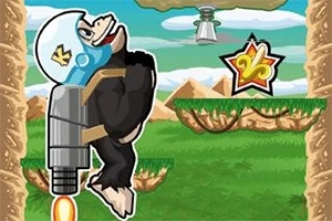 En tegneserieape med hjelm og jetpack flyr gjennom et nivå med plattformer og fargerik bakgrunn