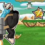 En tegneserieape med hjelm og jetpack flyr gjennom et nivå med plattformer og fargerik bakgrunn
