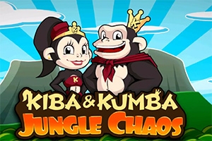 To aper med kroner og store smil står foran en fjern fjellbakgrunn med teksten Kiba & Kumba Jungle Chaos i forgrunnen