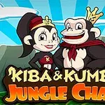 To aper med kroner og store smil står foran en fjern fjellbakgrunn med teksten Kiba & Kumba Jungle Chaos i forgrunnen