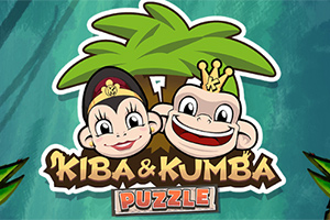 To tegneserieaper med smilende ansikter, en med en krone og en med hårbånd, foran et palmetre, med teksten Kiba & Kumba Puzzle nederst