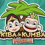To tegneserieaper med smilende ansikter, en med en krone og en med hårbånd, foran et palmetre, med teksten Kiba & Kumba Puzzle nederst