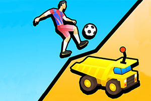 En tegneserieaktig fotballspiller sparker en ball ved siden av en gul lekedumptruck på en skrånende bakgrunn