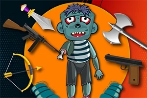 En tegneserieaktig zombie med lilla hår står omgitt av våpen, inkludert et sverd, en øks, en pistol, et maskingevær, og en bue, på en oransje og mørkeblå bakgrunn