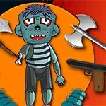 En tegneserieaktig zombie med lilla hår står omgitt av våpen, inkludert et sverd, en øks, en pistol, et maskingevær, og en bue, på en oransje og mørkeblå bakgrunn