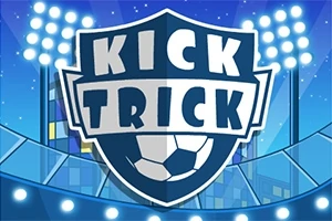 Et skjoldformet logo med teksten Kick Trick og en fotball, plassert mot en bakgrunn av stadionlys og tribuner