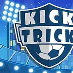 Et skjoldformet logo med teksten Kick Trick og en fotball, plassert mot en bakgrunn av stadionlys og tribuner