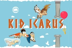 Tegneseriefigur med vinger flyr sammen med fuglelignende skapninger i en himmel bakgrunn med skyer, søyle og en rød ballong, med teksten KID ICARUS