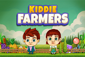 To barn står foran et gjerde med et fargerikt landskap i bakgrunnen, sammen med teksten Kiddie Farmers øverst