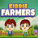 To barn står foran et gjerde med et fargerikt landskap i bakgrunnen, sammen med teksten Kiddie Farmers øverst
