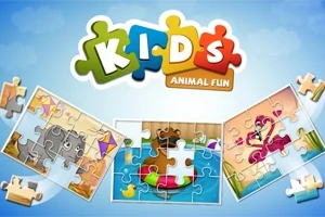 Illustrasjon av puslespill med dyremotiver og teksten KIDS Animal Fun på en blå bakgrunn