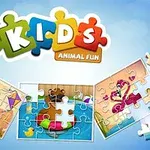 Illustrasjon av puslespill med dyremotiver og teksten KIDS Animal Fun på en blå bakgrunn