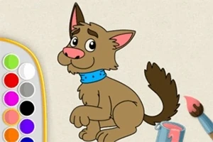 Tegning av en brun hund med blått halsbånd ved siden av en palett og malerkost