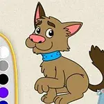 Tegning av en brun hund med blått halsbånd ved siden av en palett og malerkost