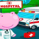 En tegneserie-flodhest i legeutstyr står foran et sykehus med en ambulanse i bakgrunnen