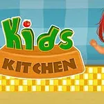 Barn med rødt hår i stripete trøye ved siden av teksten Kids Kitchen på en rutete bakgrunn