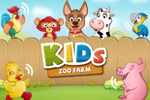 Animasjoner av ulike dyr foran et gjerde med teksten KIDS ZOO FARM