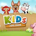 Animasjoner av ulike dyr foran et gjerde med teksten KIDS ZOO FARM