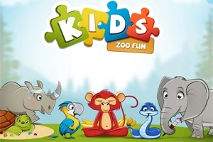Tegnet bilde av en neshorn, papegøye, ape, slange og elefant, med teksten Kids Zoo Fun i fargerike bokstaver
