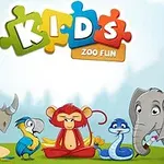 Tegnet bilde av en neshorn, papegøye, ape, slange og elefant, med teksten Kids Zoo Fun i fargerike bokstaver