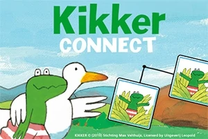 Kikker Puzzle En grønn frosk med rødstripete badebukse står ved siden av en hvit and under teksten Kikker Connect