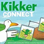 Kikker Puzzle En grønn frosk med rødstripete badebukse står ved siden av en hvit and under teksten Kikker Connect