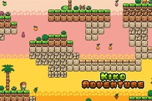 Pixelgrafikk av en plattformlandskap med blokker, trær og frukt i et fargerikt miljø
