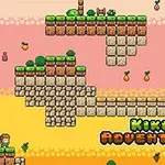 Pixelgrafikk av en plattformlandskap med blokker, trær og frukt i et fargerikt miljø